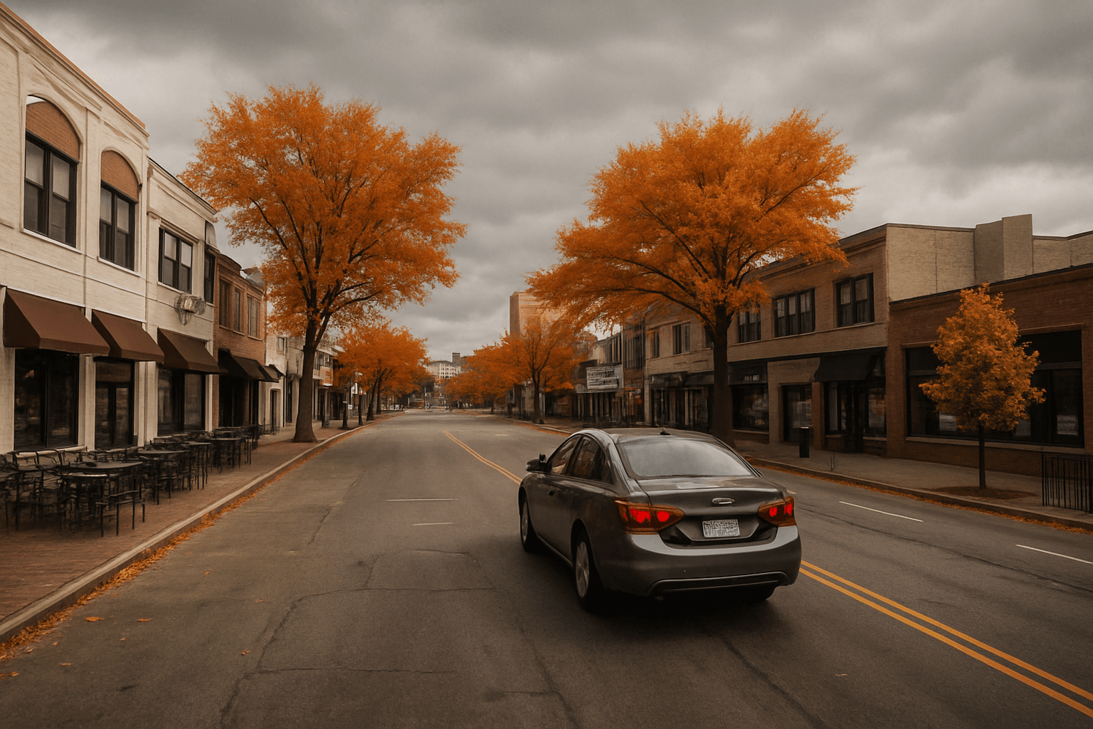 Dark car driving down empty main street lined with orange autumn trees and historic buildings under cloudy sky